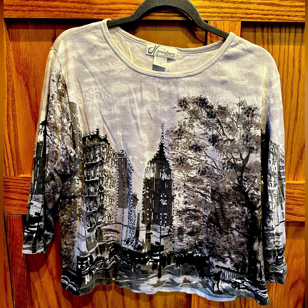 Vintage cityscape tee shirt embellished with sequins and beads.